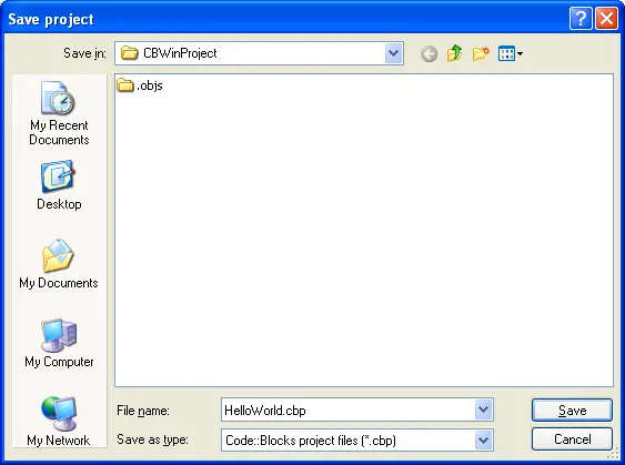 Code::Blocks Save Project Dialog