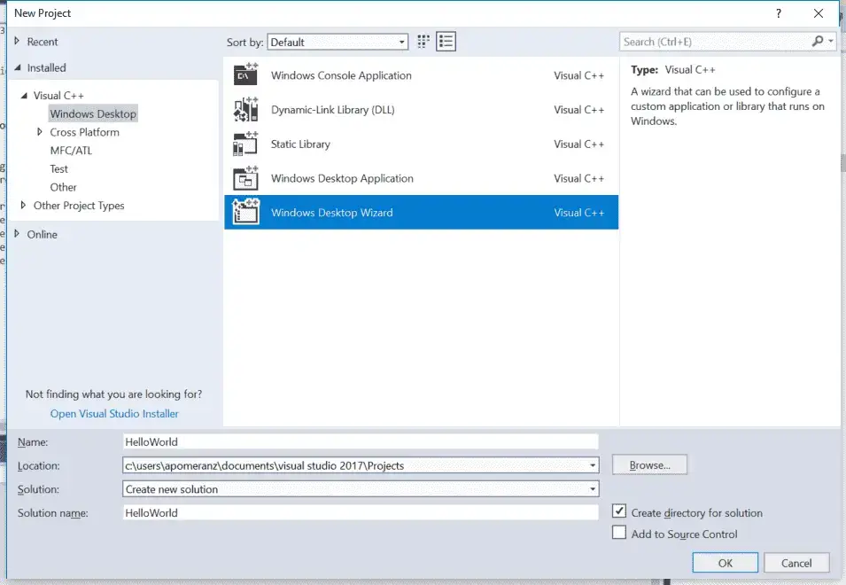 Visual Studio 2017 New Project dialog