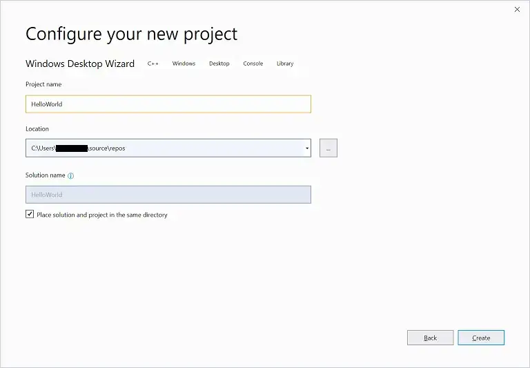 Visual Studio 2019 Configure New Project dialog